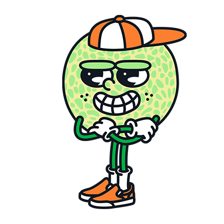 Animierter Melonen-Charakter mit Baseballkappe und Sneakers, der mit verschränkten Armen lächelt.