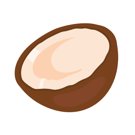 Illustration einer Hälfte einer Kokosnuss mit brauner Schale und weißem Fruchtfleisch.