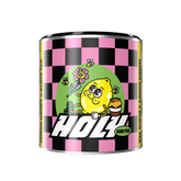 Pappdose mit schwarz-pinkem Schachbrettmuster, einem zitronenförmigen Charakter und der Aufschrift "HOLY Iced Tea".