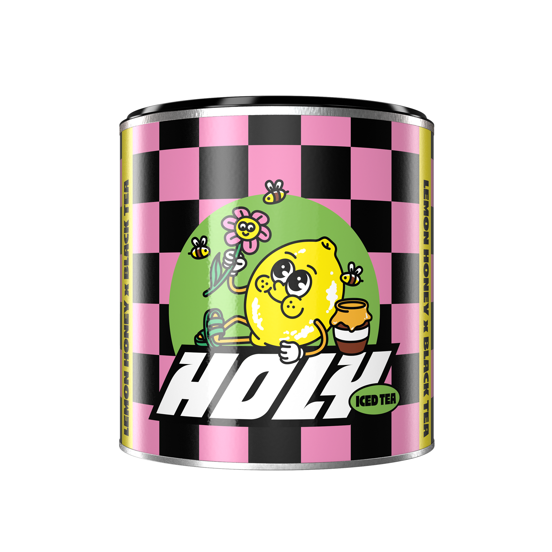 Pappdose mit schwarz-pinkem Schachbrettmuster, einem zitronenförmigen Charakter und der Aufschrift "HOLY Iced Tea".