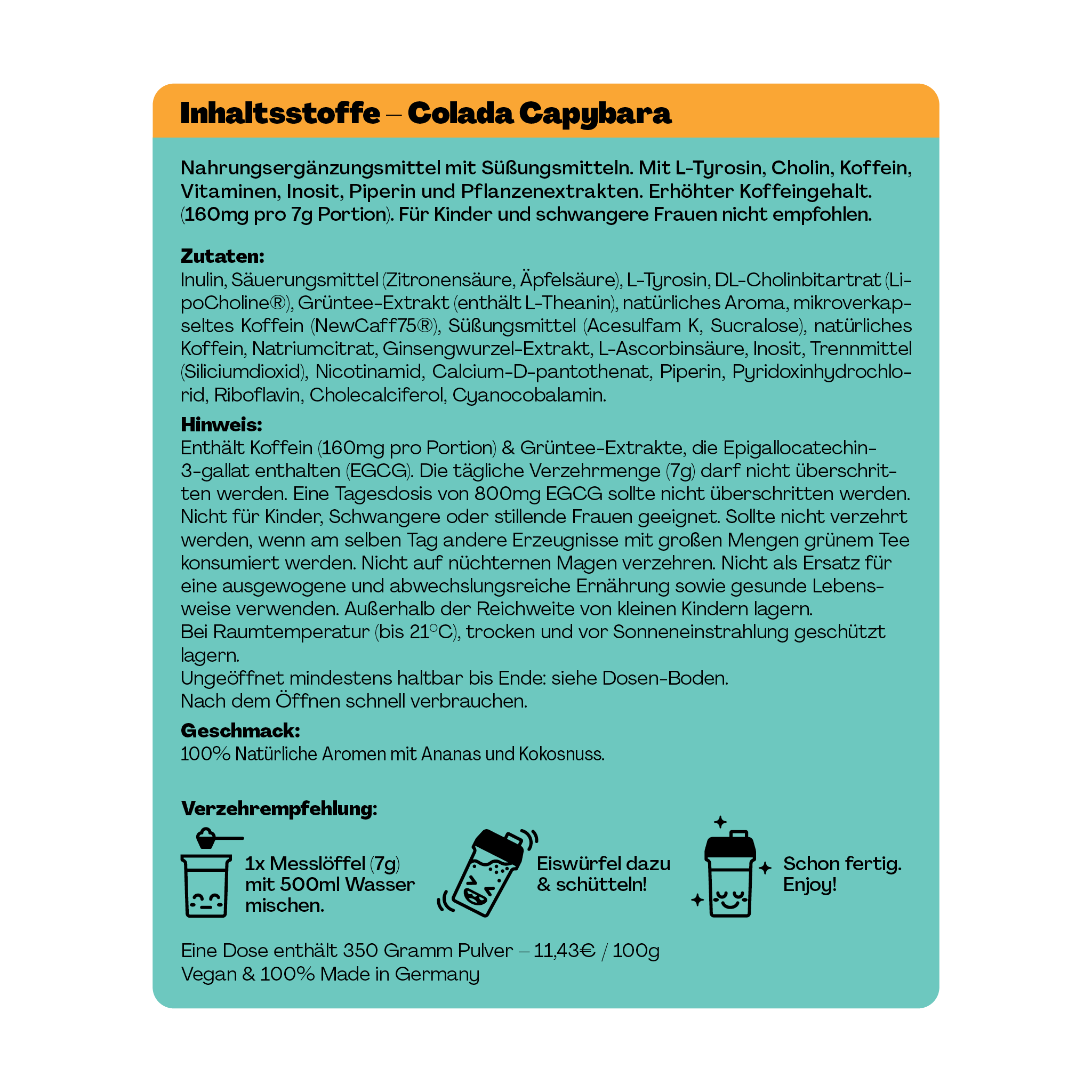 Textgrafik mit Informationen zu den Zutaten und Verzehrempfehlungen eines Nahrungsergänzungsmittels namens "Colada Capybara".