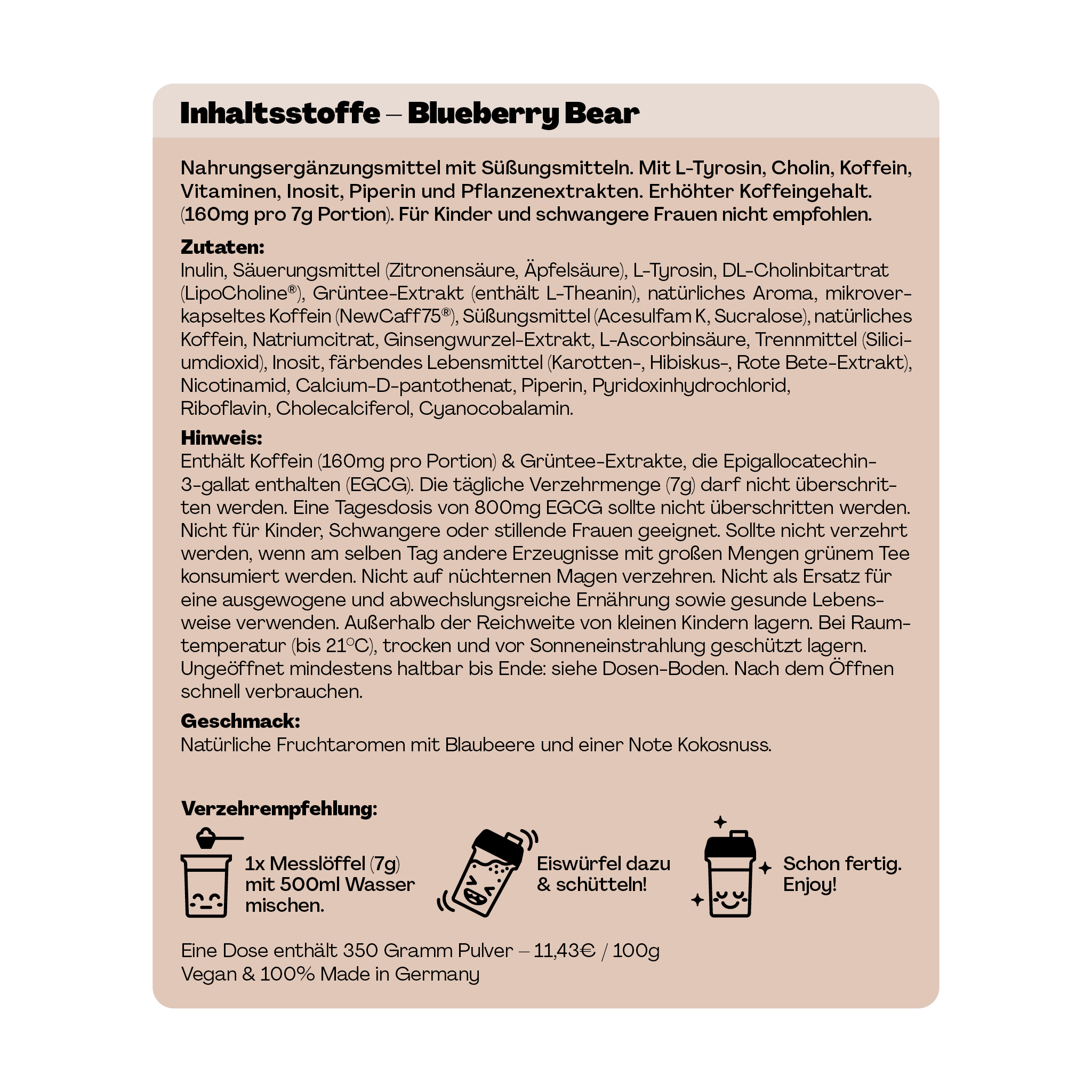 Eine Verpackung zeigt die Zutaten und Verzehrempfehlung eines Nahrungsergänzungsmittels namens Blueberry Bear.