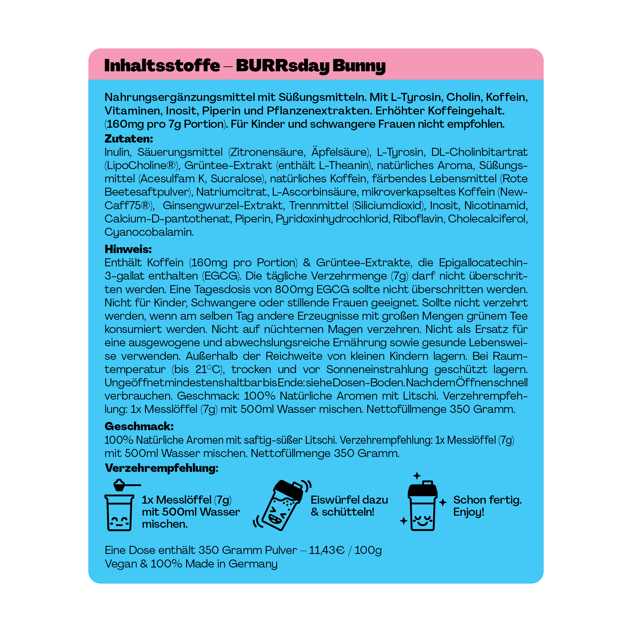 Verpackungstext für ein Nahrungsergänzungsmittel mit Inhaltsstoffen, Geschmack und Verzehrempfehlung.