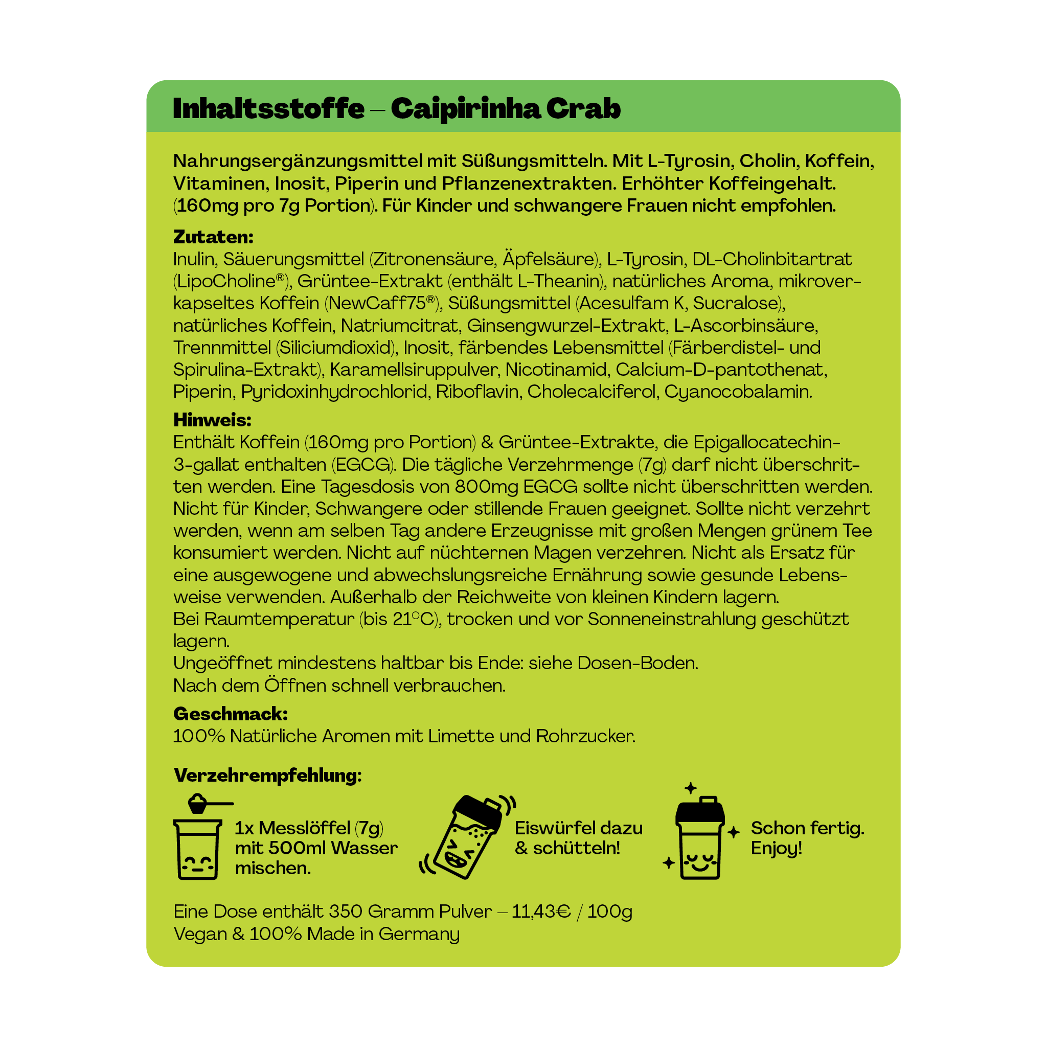 Produktetikett für “Caipirinha Crab” Nahrungsergänzungsmittel mit Zutatenliste, Zubereitungshinweisen und Informationen.