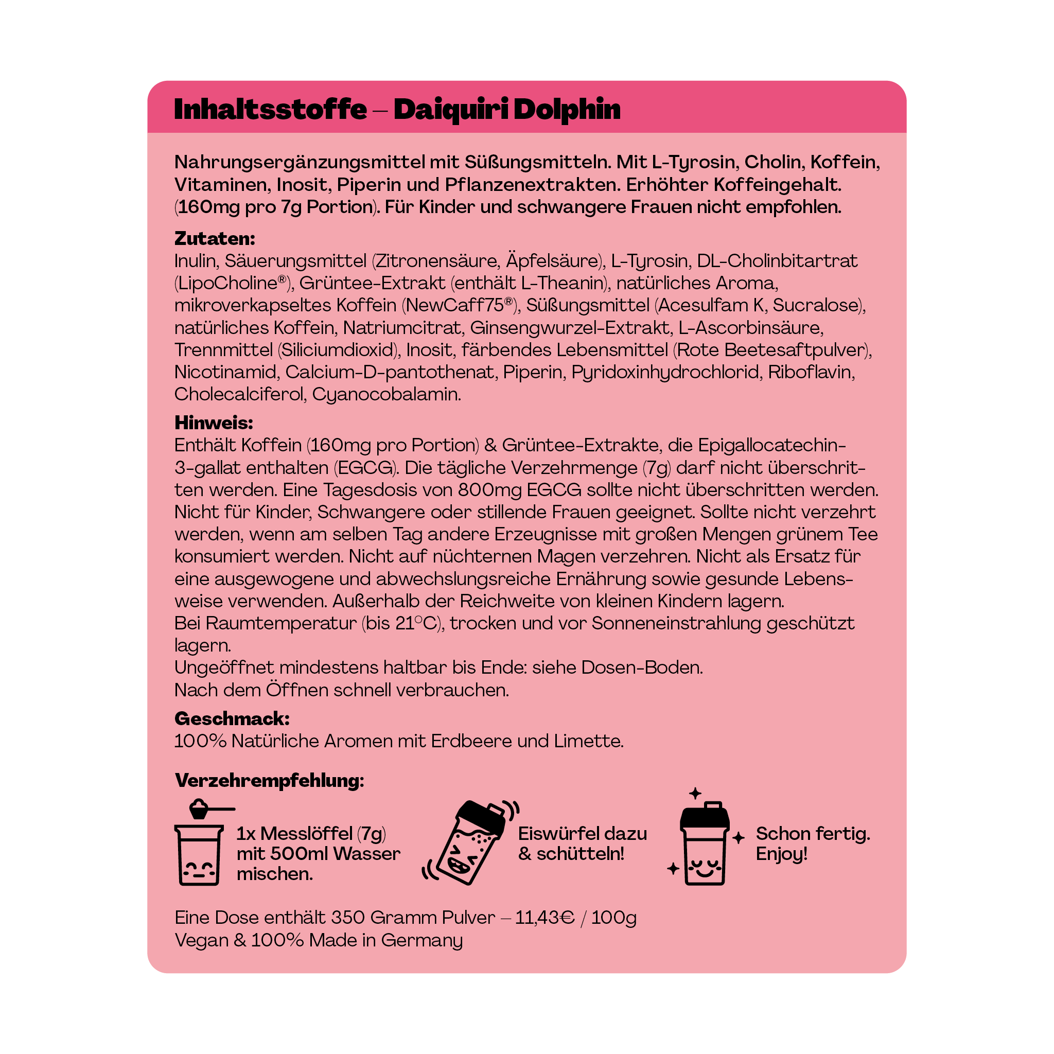 Etikett mit Informationen zu Inhaltsstoffen, Anwendungshinweisen und Geschmack eines Nahrungsergänzungsmittels.