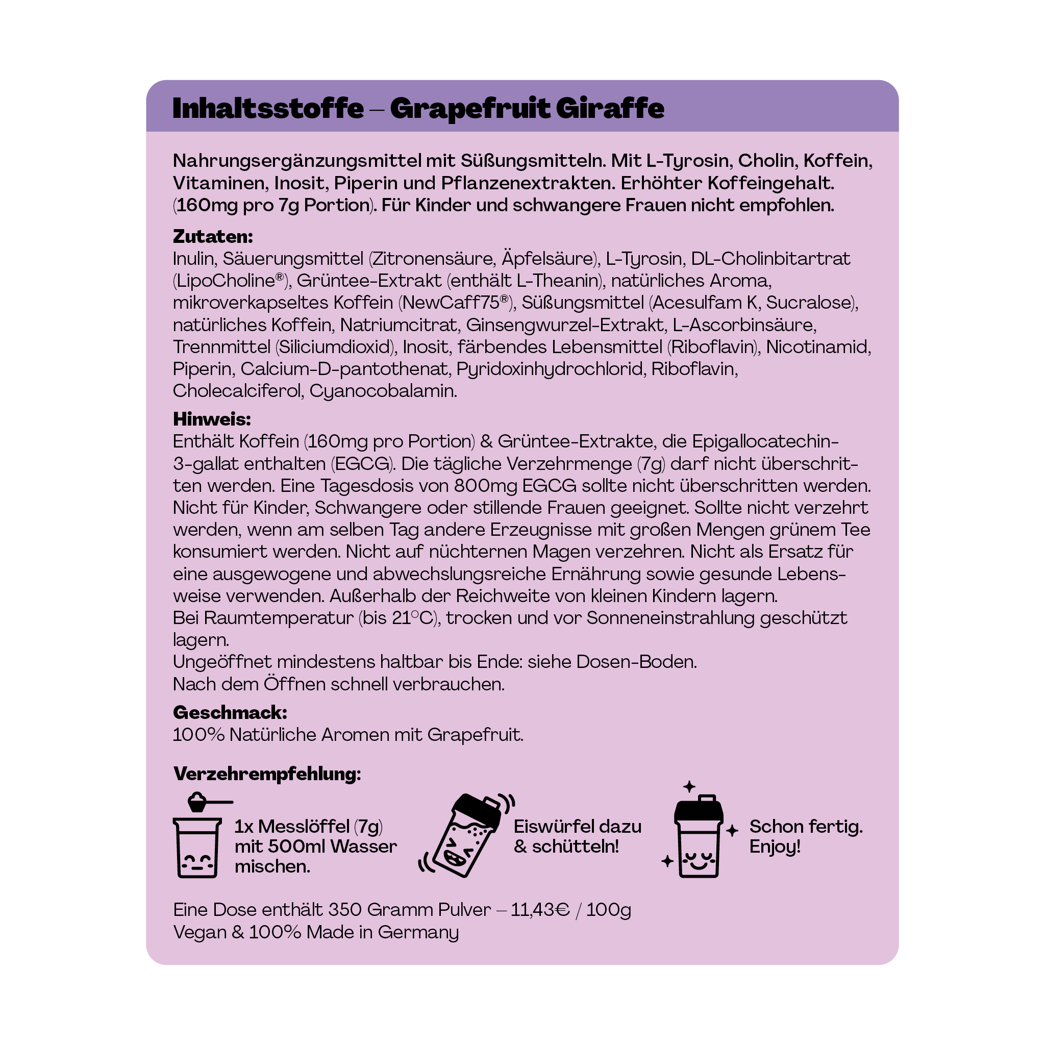 Etikett für ein Nahrungsergänzungsmittel "Grapefruit Giraffe" mit Zutaten, Warnhinweisen und Zubereitungshinweisen.