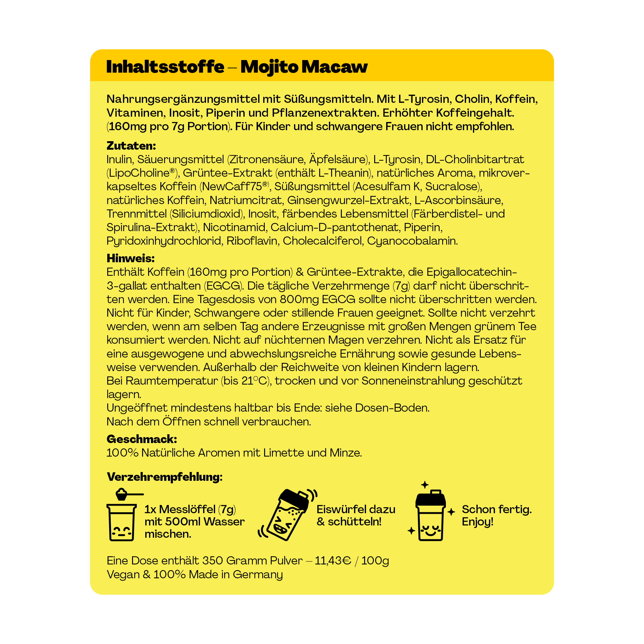 Gelbe Informationskarte für ein Nahrungsergänzungsmittel mit Zutatenliste, Nutzungshinweisen und Zubereitungsempfehlungen.