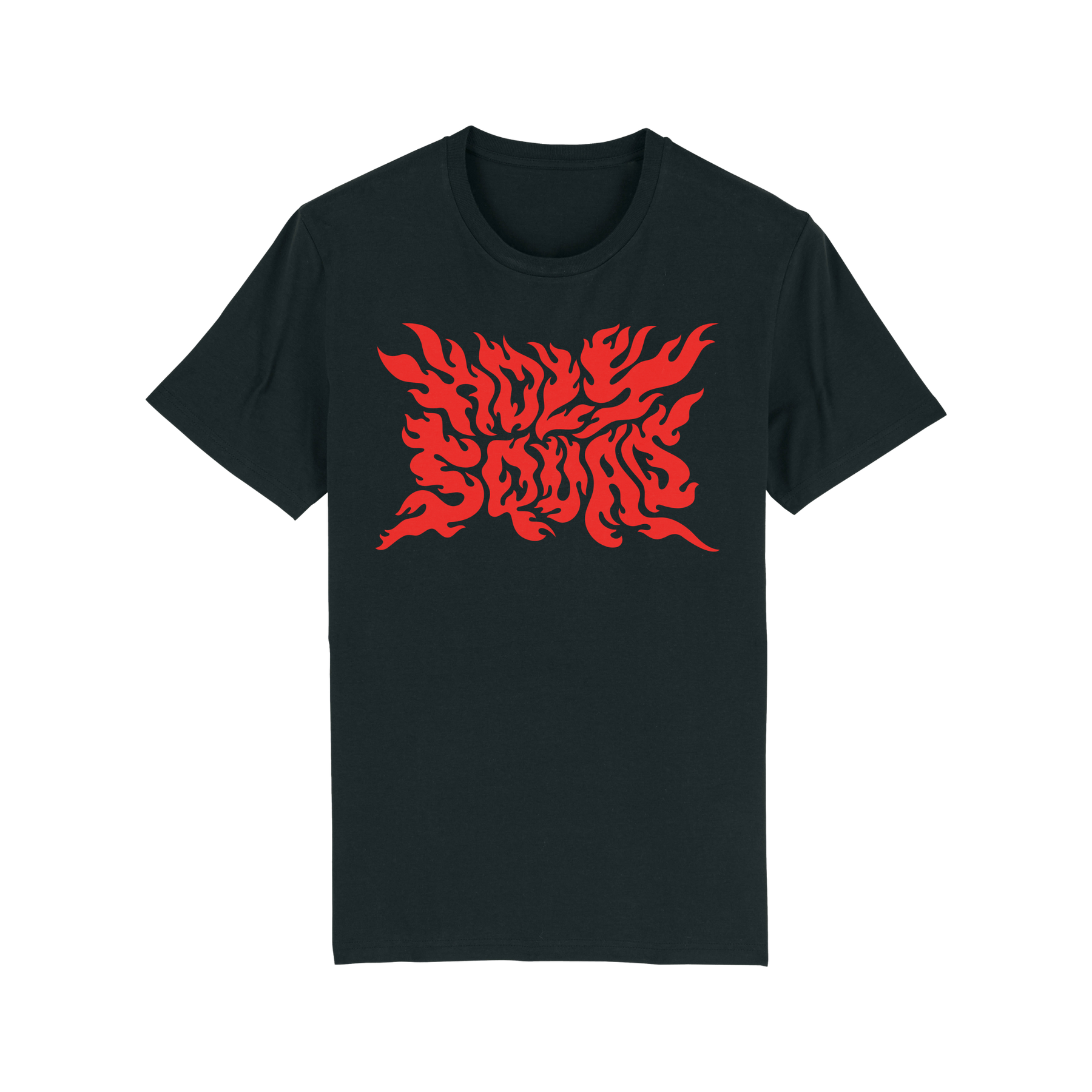 Schwarzes T-Shirt mit rotem, flammenförmigem Schriftzug.
