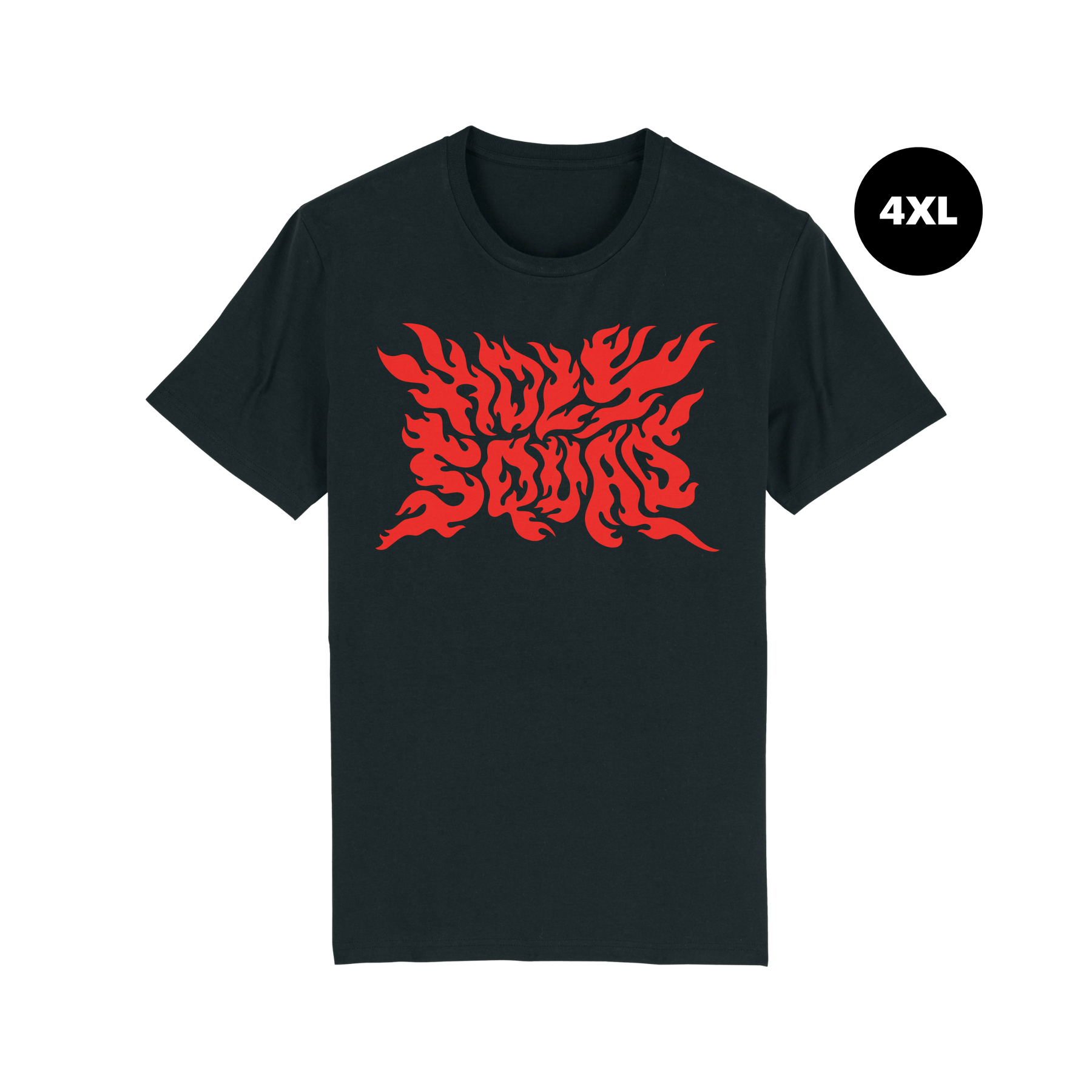 Schwarzes T-Shirt in Größe 4XL mit rotem, flammenartigem Schriftzug.