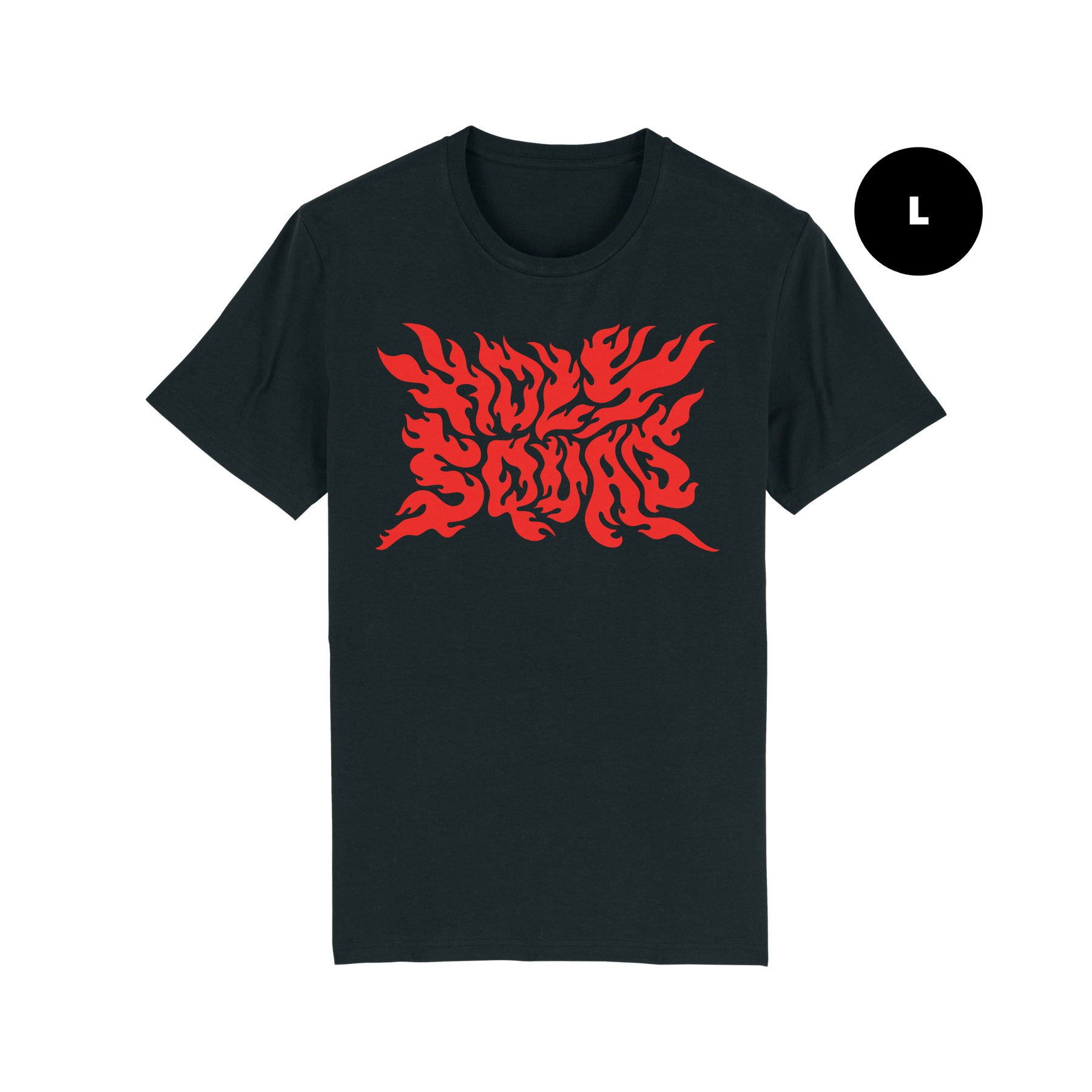 Schwarzes T-Shirt mit rotem, flammenartigem Schriftzug "HOLY SCHNAD" bedruckt, Größe L.