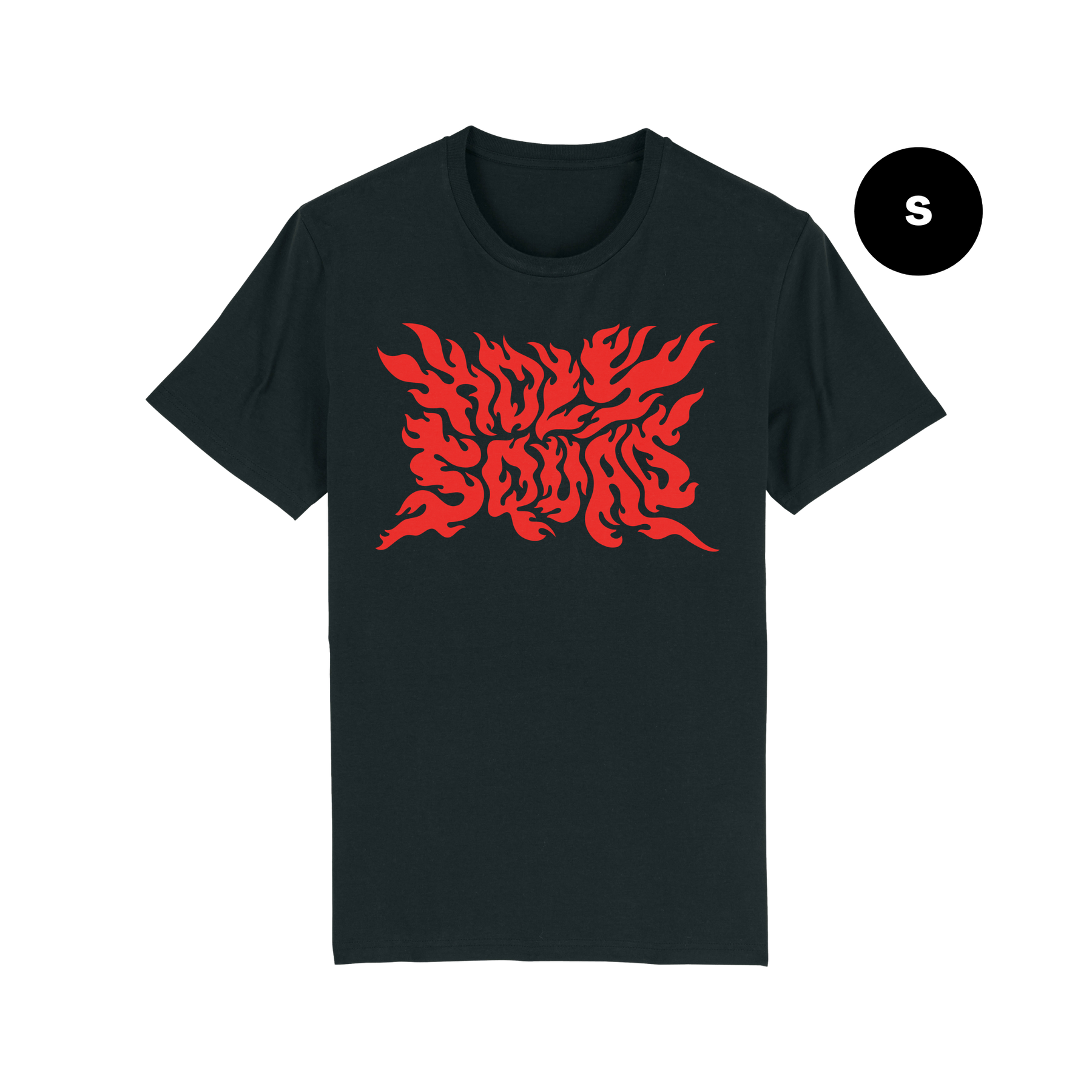 Schwarzes T-Shirt mit rotem Flammenmuster und Schriftzug. Größe S.