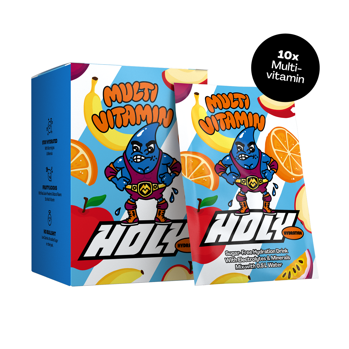 Bunte Pappbox und Probepackung mit Cartoon-Superhelden und der Aufschrift "Multi Vitamin" und "HOLY Hydration".