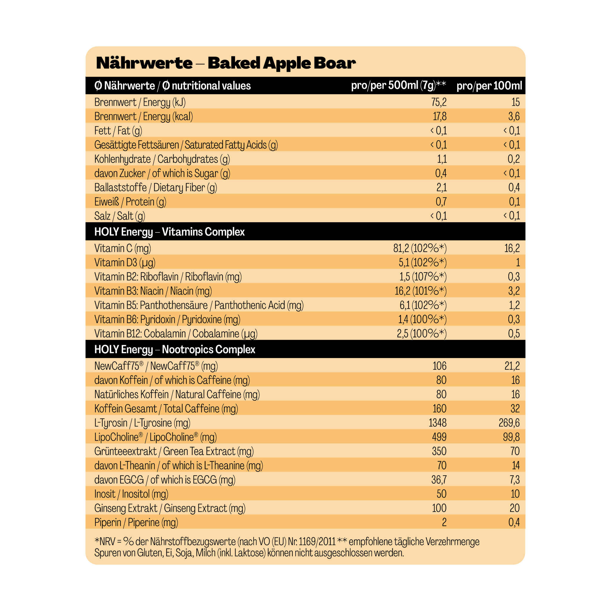 Nährwerttabelle für "Baked Apple Boar" mit Angaben zu Energie, Vitaminen und Nootropics auf 500ml und 100ml.