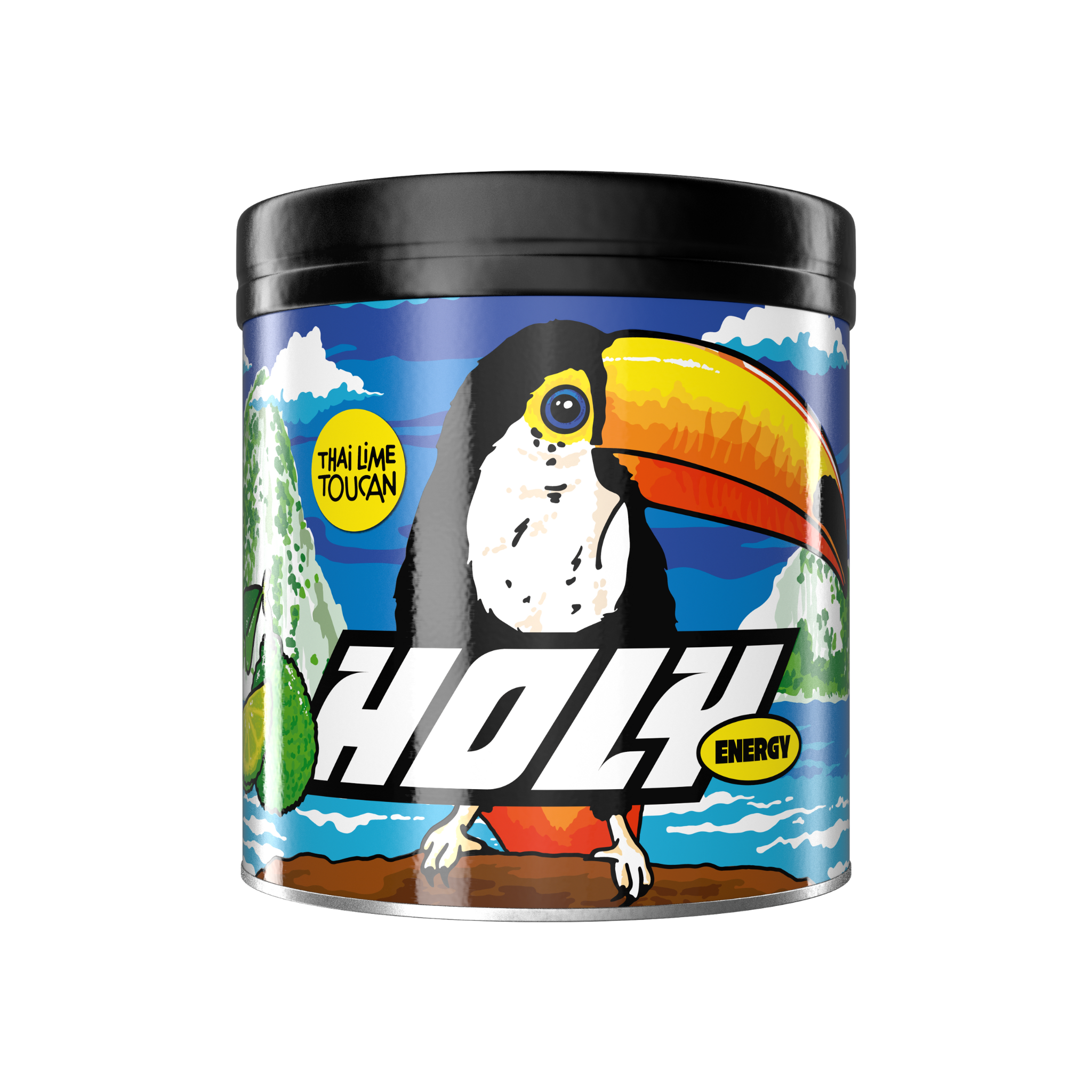 Pappdose mit farbenfrohem Design eines Tukans und der Aufschrift "HOLY Energy Thai Lime Toucan".