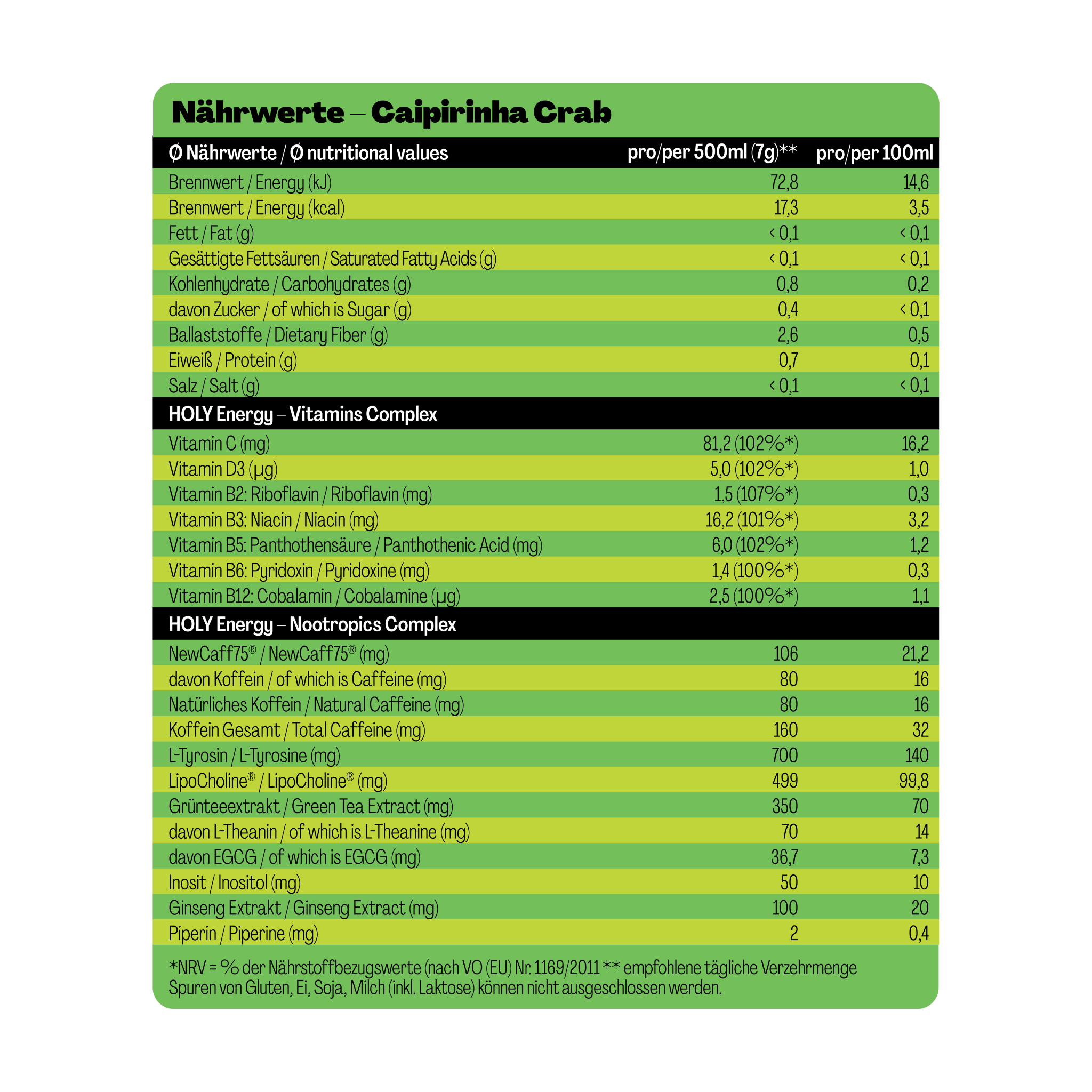 Nährwerttabelle für "Caipirinha Crab" mit Angaben zu Vitaminen, Koffein und Nootropics pro 500 ml und 100 ml.