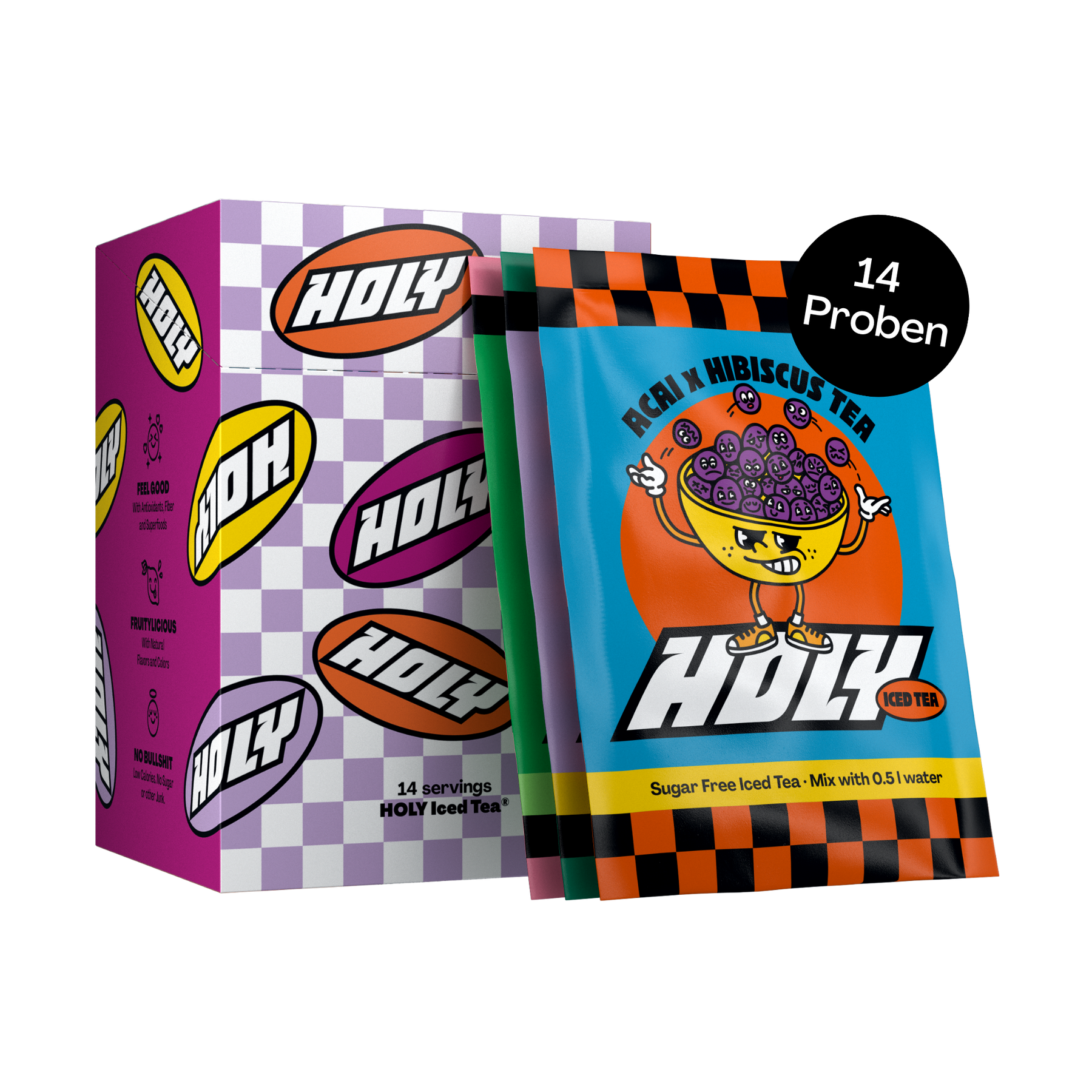 Bunte Pappbox mit dem Logo "Holy" und mehreren bunten Probepackungen für Acai-Hibiscus-Tee, insgesamt 14 Proben.