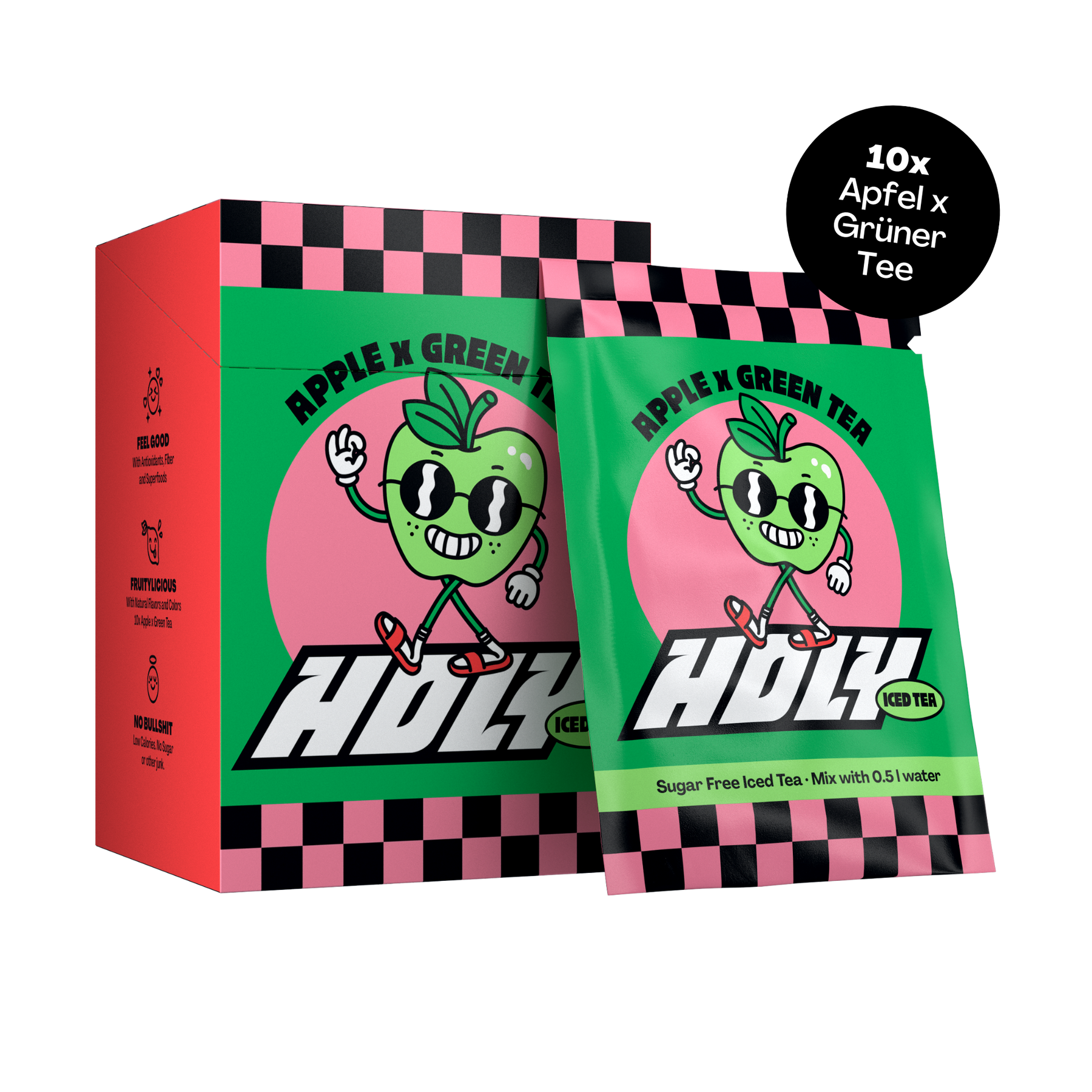 Pappbox mit 10 Apfel x Grüner Tee Probepackungen, mit Cartoon-Apfel auf grün-rosa Hintergrund.