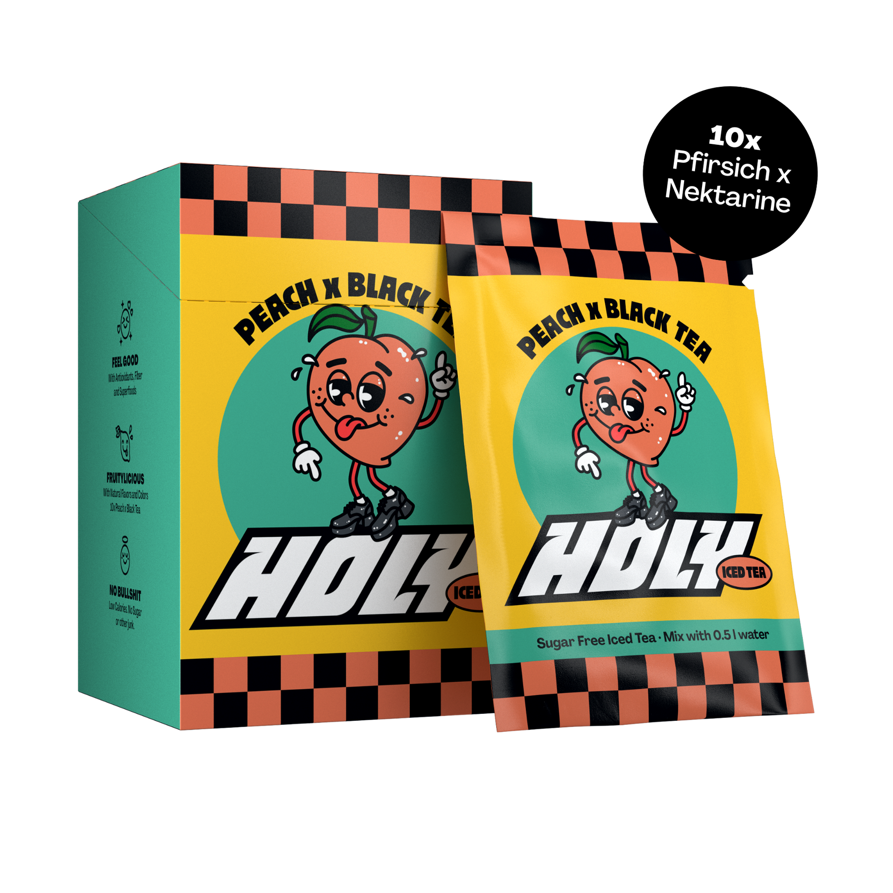 Pappbox und Sachet des Pfirsich x Schwarzer Tee Eistees mit fröhlichem Cartoon-Pfirsich, schwarz-weißem Muster.