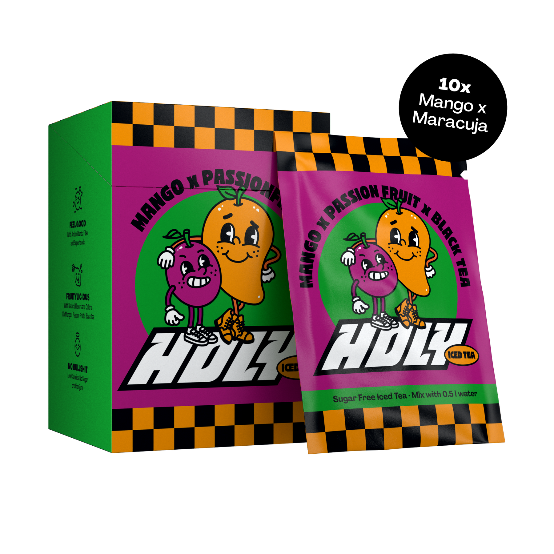 Grüne Pappbox und pinkes Sachet mit fröhlichen Früchten und Text "Mango x Passion Fruit x Black Tea".