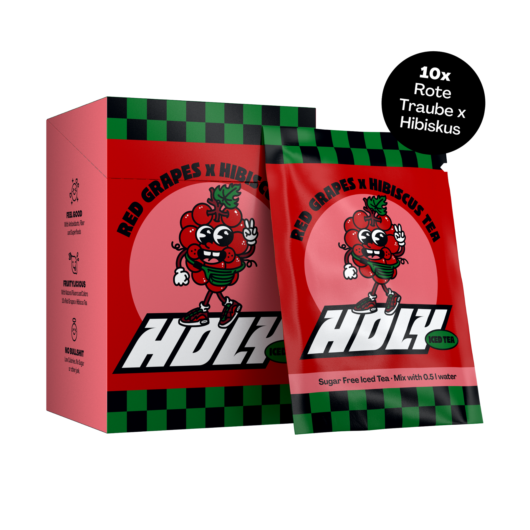 Rote Pappdose mit Probepackung für roten Hibiskustee, dekoriert mit einem Comic-Trauben-Motiv.