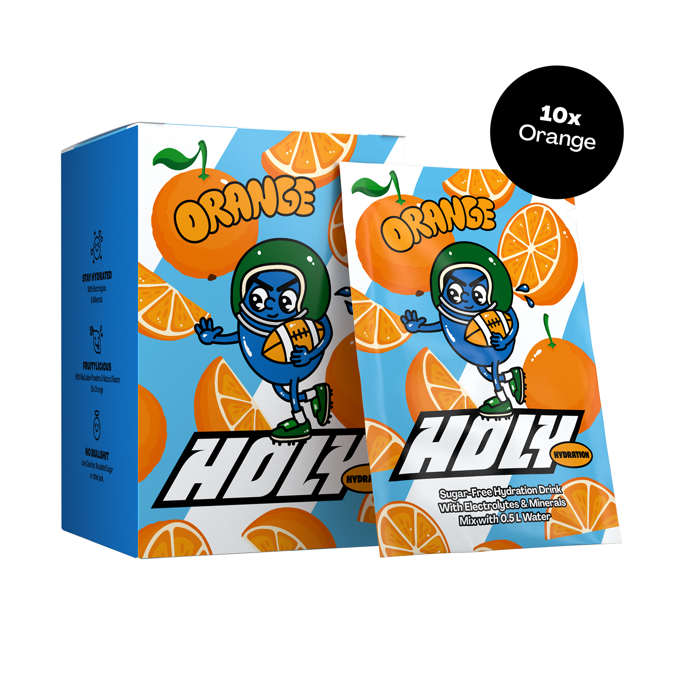 Pappbox mit Sachets, bedruckt mit einem Cartoon-Charakter und Orangen, beschriftet mit "Orange" und "HOLY".