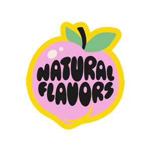 Illustration eines rosa Pfirsichs mit der Aufschrift "Natural Flavors" auf gelbem Hintergrund.