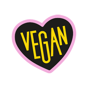 Schwarzes Herz mit gelbem Schriftzug „VEGAN“ auf rosa Hintergrund.