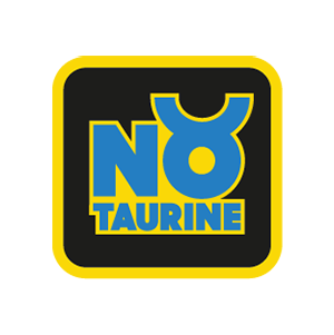 Logo mit der Aufschrift "NO TAURINE" in blauen Buchstaben auf schwarzem und gelbem Hintergrund.
