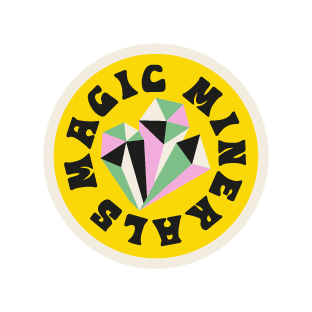 Gelbes rundes Logo mit der Aufschrift "Magic Minerals" und stilisierten Kristallen in der Mitte.