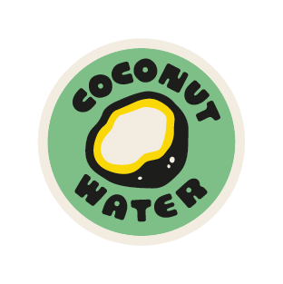 Rundes Logo mit einer stilisierten Kokosnuss und der Aufschrift "Coconut Water" auf grünem Hintergrund.