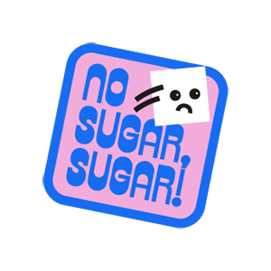 Illustration eines traurigen Zuckerwürfels mit dem Text "No Sugar, Sugar!" auf rosafarbenem Hintergrund.