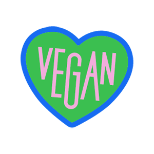 Grünes Herz mit dem Wort "Vegan" in rosa Schrift auf blauem Hintergrund.