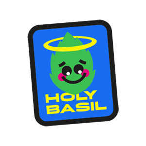 Karte mit einem lächelnden grünen Blatt und einem gelben Heiligenschein, darunter der Text "Holy Basil" in Gelb auf Blau.
