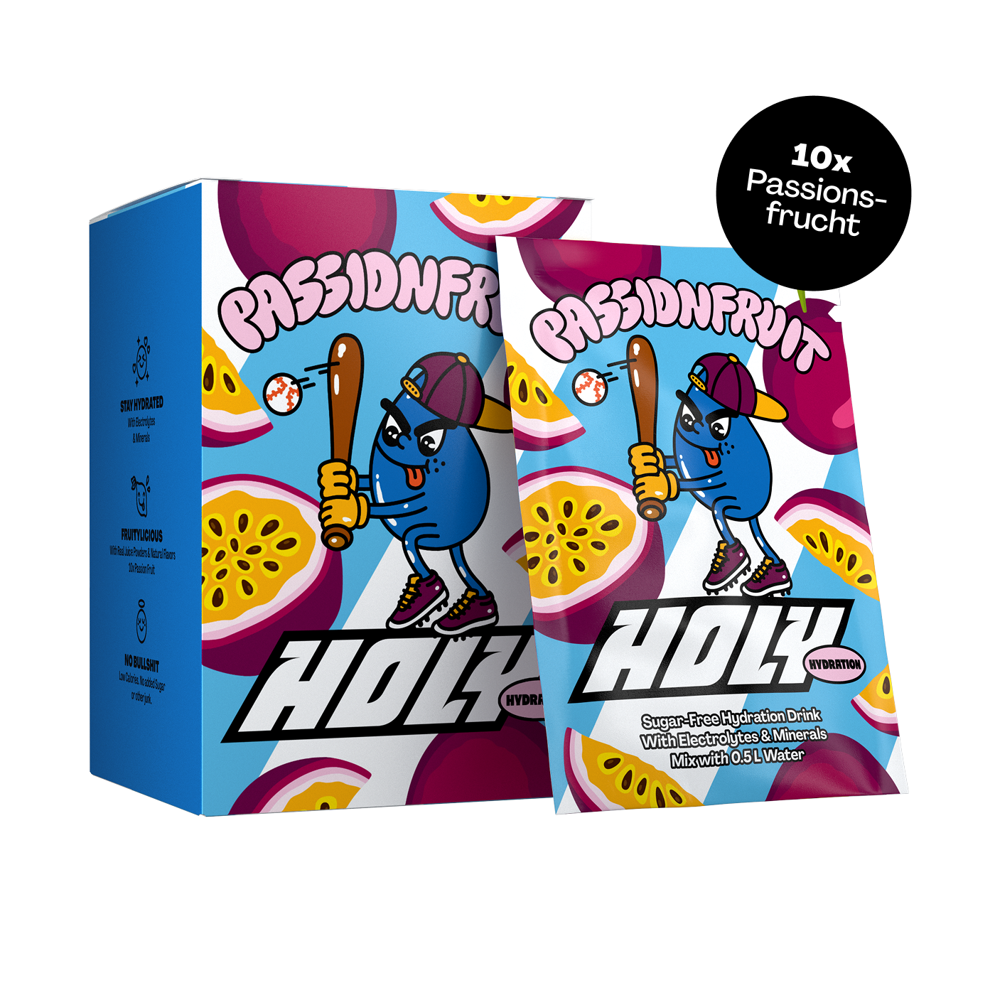 Verpackung und Probepackung eines Passionsfruchtgetränks mit Spielerillustration und Schriftzug "HOLY".