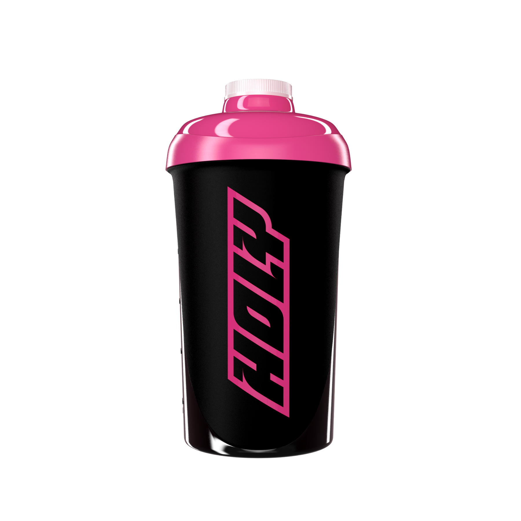 Schwarzer Shaker mit pinkem Deckel und Schriftzug in Pink.