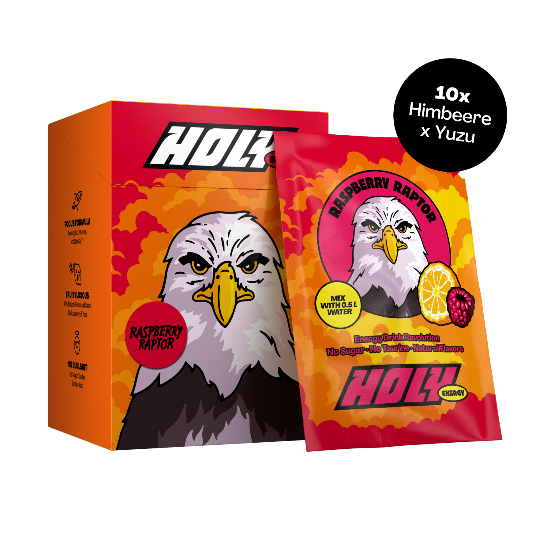 Orange Pappbox und Probepackung mit Adler-Design und Himbeere-Yuzu-Geschmack, beschriftet mit "Raspberry Raptor".