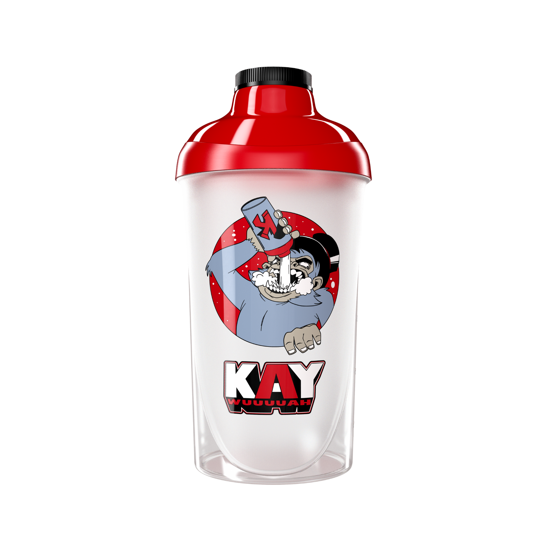 Ein Shaker mit rotem Deckel und Comic-Illustration auf der Vorderseite, zeigt eine Figur beim Trinken.