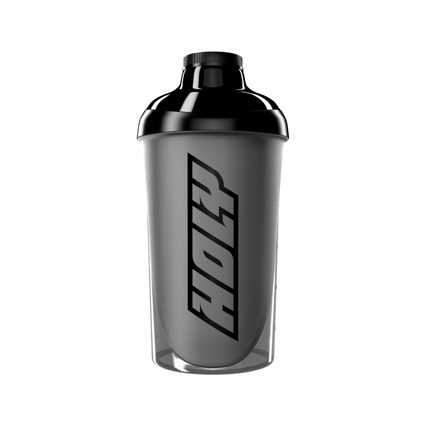 Schwarzer Shaker mit einem großen Logo auf der Vorderseite, freigestellt vor weißem Hintergrund.