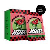 Grüne Pappbox mit roten und schwarzen Elementen und Probepackung "Wassermelone x Hibiscus Tee".