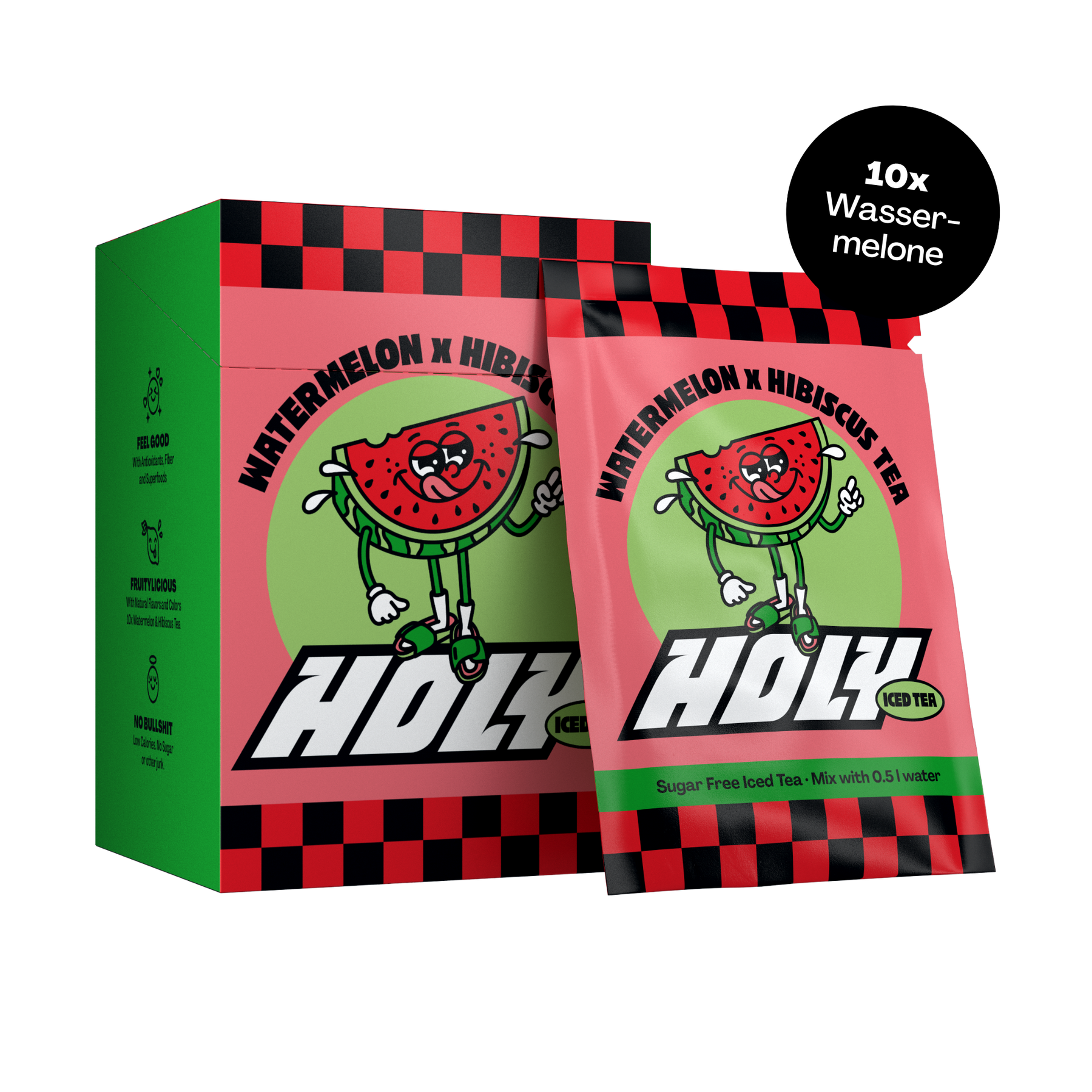 Grüne Pappbox mit Sachets, illustriert mit fröhlicher Wassermelone und Hibiskus, Text "10x Wassermelone" daneben.