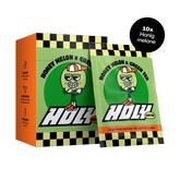 Orange- und grüne Pappbox mit einem Probepackungsetikett „Honigmelone x Grüner Tee“, 10er Pack angezeigt.
