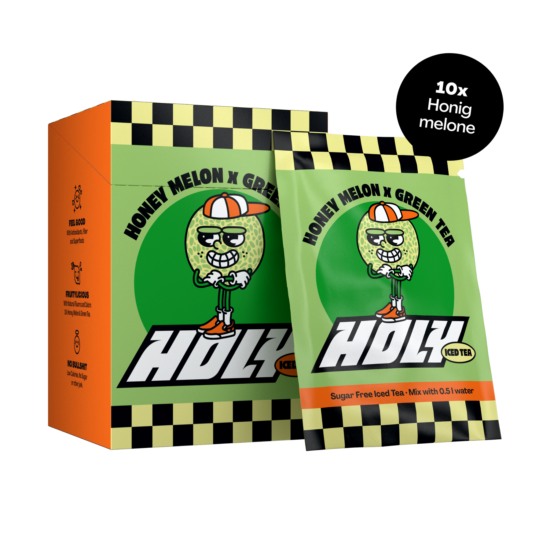 10er-Packung Tee-Sachets „Honigmelone x Grüntee“ mit coolem Comic-Motiv auf orange-grüner Verpackung.
