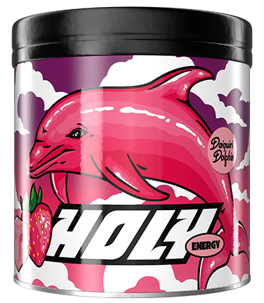 Pappdose mit pinkem Delphin und Erdbeeren auf einem wolkigen Hintergrund, Aufschrift "HOLY Energy".
