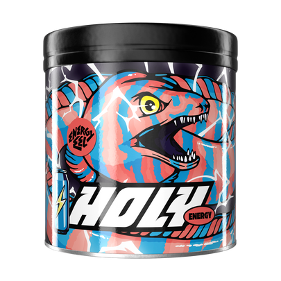 Schwarze Pappdose mit einem bunten, illustrativen Design eines zähnefletschenden Kreaturs mit Schriftzug "HOLY Energy".