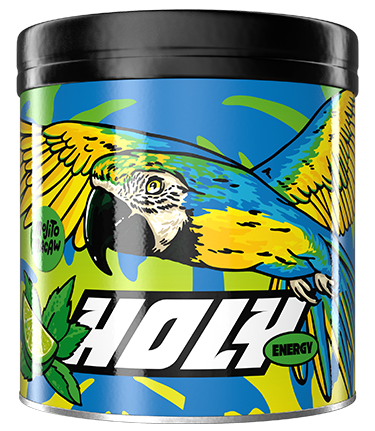 Bunte Pappdose mit einem Papagei und dem Schriftzug "Holy Energy" auf blauem Hintergrund.
