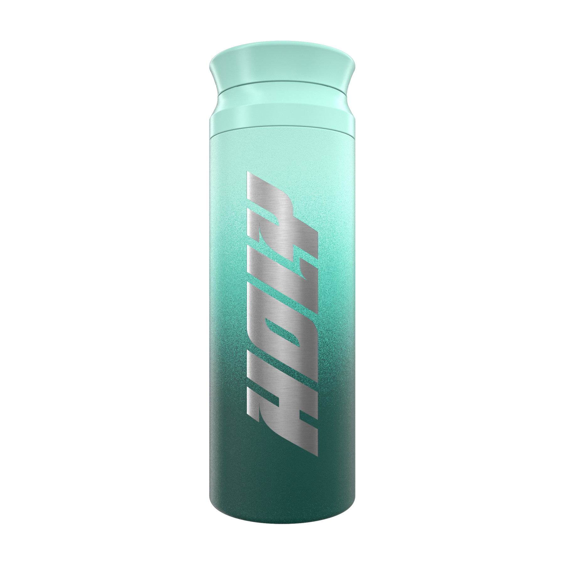 Ein grüner Shaker mit silbernem Schriftzug, stehend aufrecht auf weißem Hintergrund.