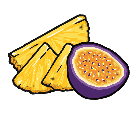Illustration von Ananasstücken neben einer halben Passionsfrucht auf schwarzem Hintergrund.