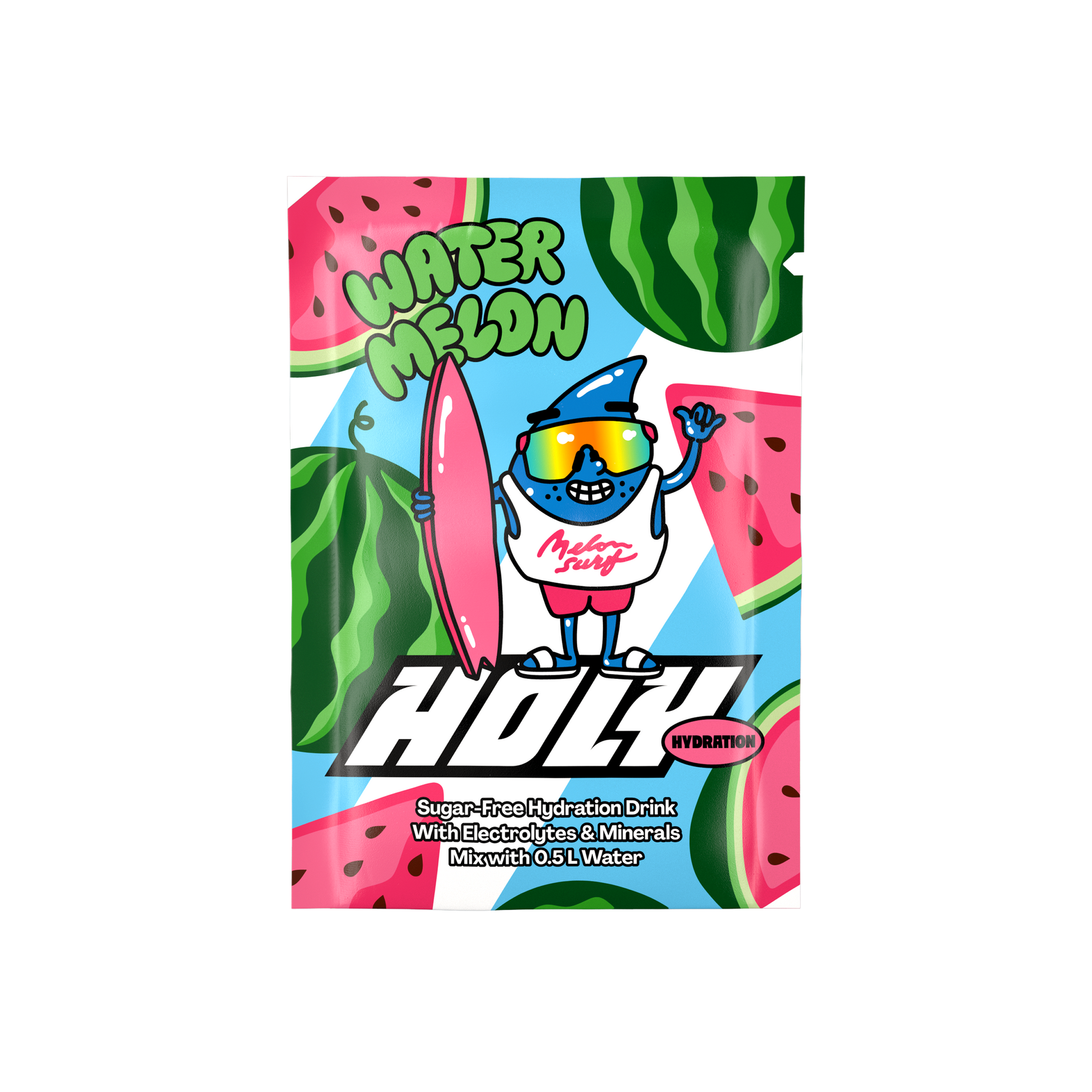 Ein buntes Sachet mit einem Cartoon-Charakter, Wassermelonen-Design und der Aufschrift „WATER MELON“.