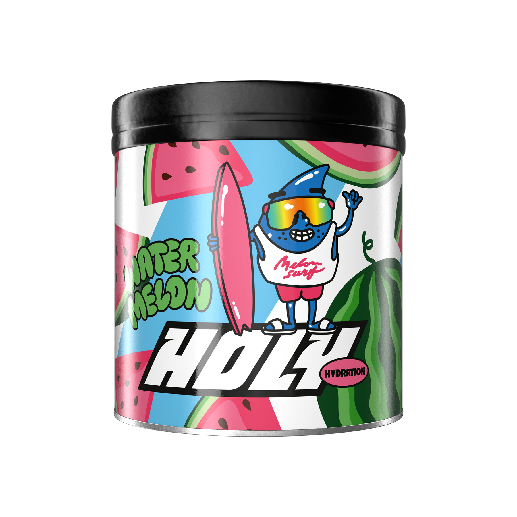 Pappdose mit buntem Wassermelonen-Design, Surfer-Illustration und Schriftzug "Watermelon".