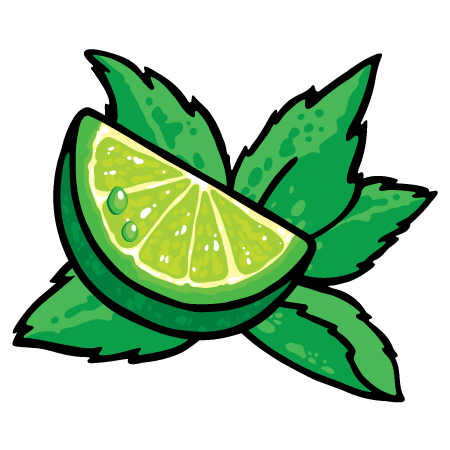 Illustration einer Limettenscheibe mit grünen Blättern im Hintergrund auf schwarzem Hintergrund.